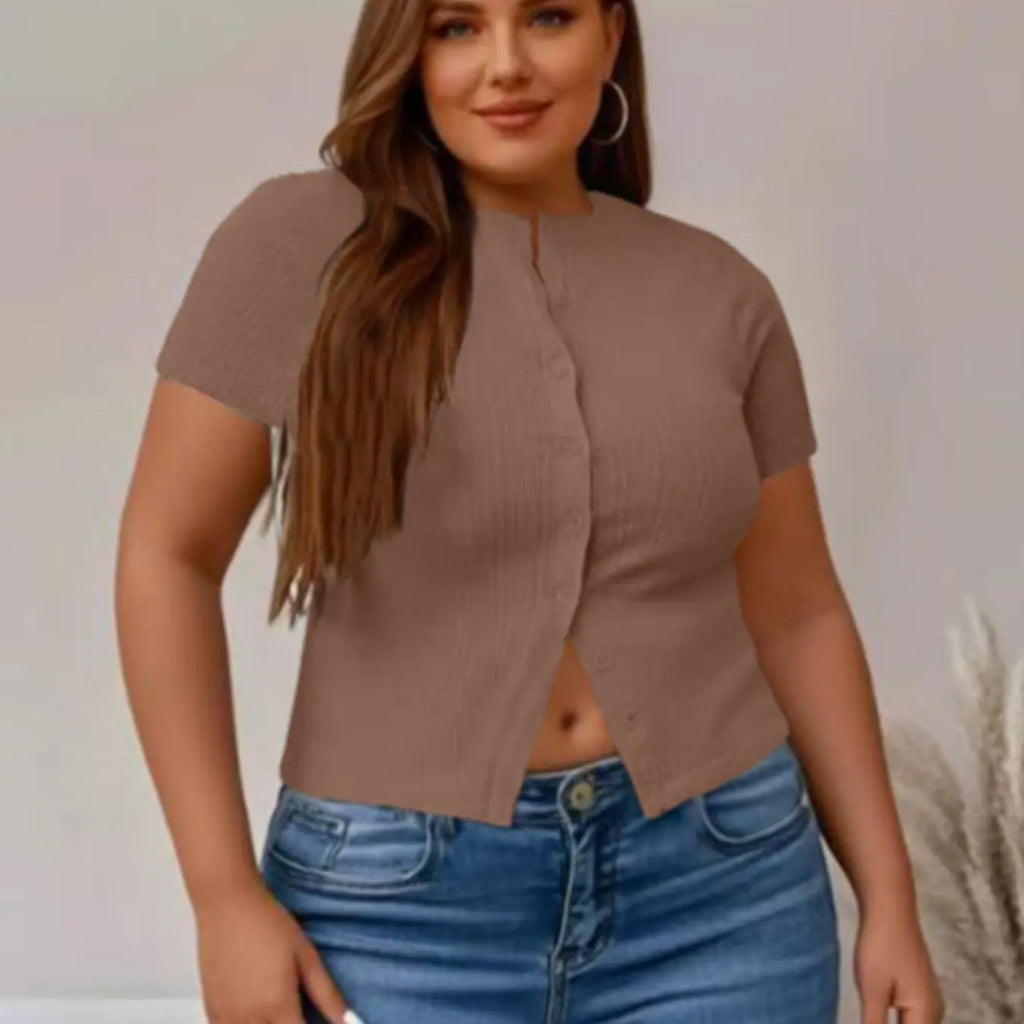 Plus Size Fitted Basic Solid Ribbed Short Sleeve Round Neck Top, Casual Button Front Button Down Closure Top for Summer, Women's Clothing for Daily Wear