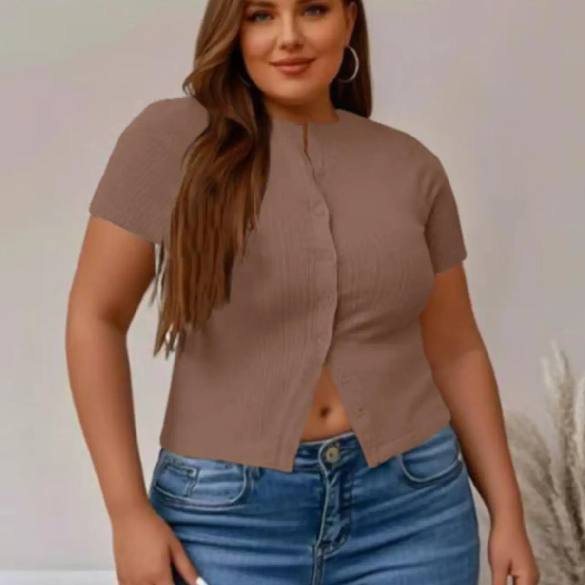 Plus Size Fitted Basic Solid Ribbed Short Sleeve Round Neck Top, Casual Button Front Button Down Closure Top for Summer, Women's Clothing for Daily Wear