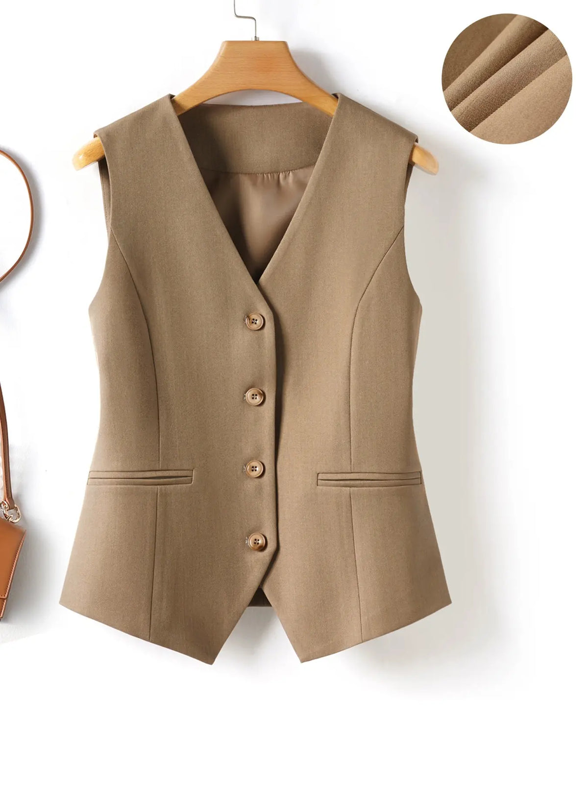 Women's V-Neck Button Gilet, Button Front Vest, Short Elegant Vest for Spring & Fall, Casual Plain Surface Outerwear, Fashionable Slim Fit Top