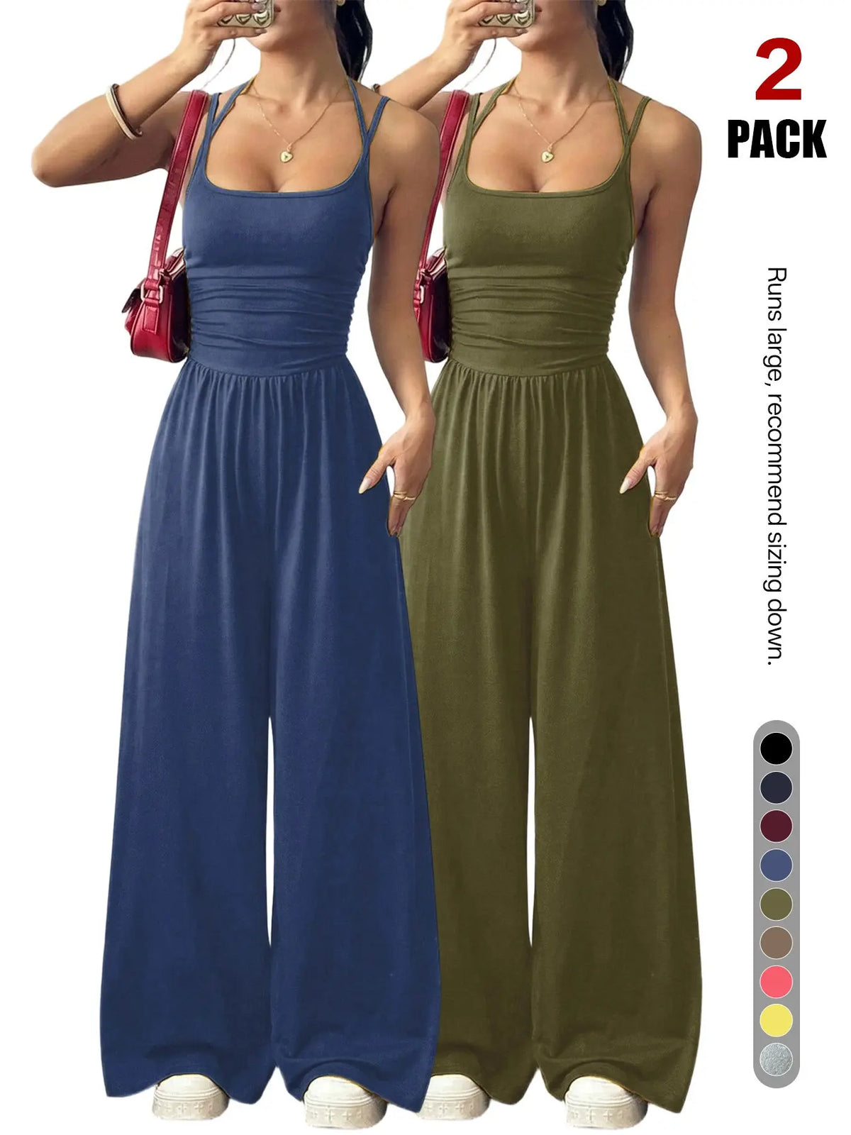 Women's Backless Jumpsuit, Basic Spaghetti Strap Smocked Bodice One Piece Romper, Sleeveless Wide Leg Casual Outfit, No Pockets, All Seasons Vacation Wear