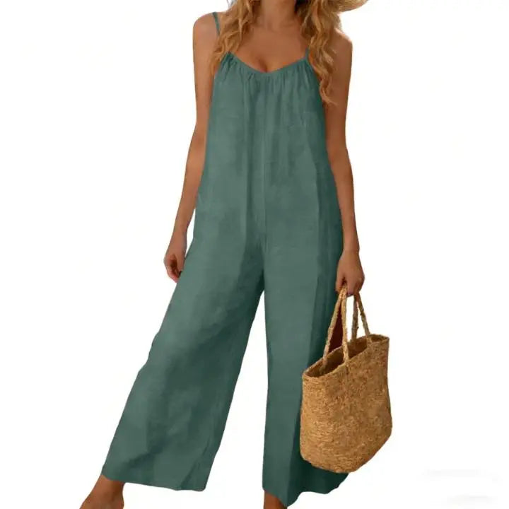 UANEO Women's Backless Jumpsuit Adjustable Spaghetti Strap Wide Leg Loose Vacation Style Romper with Pockets
