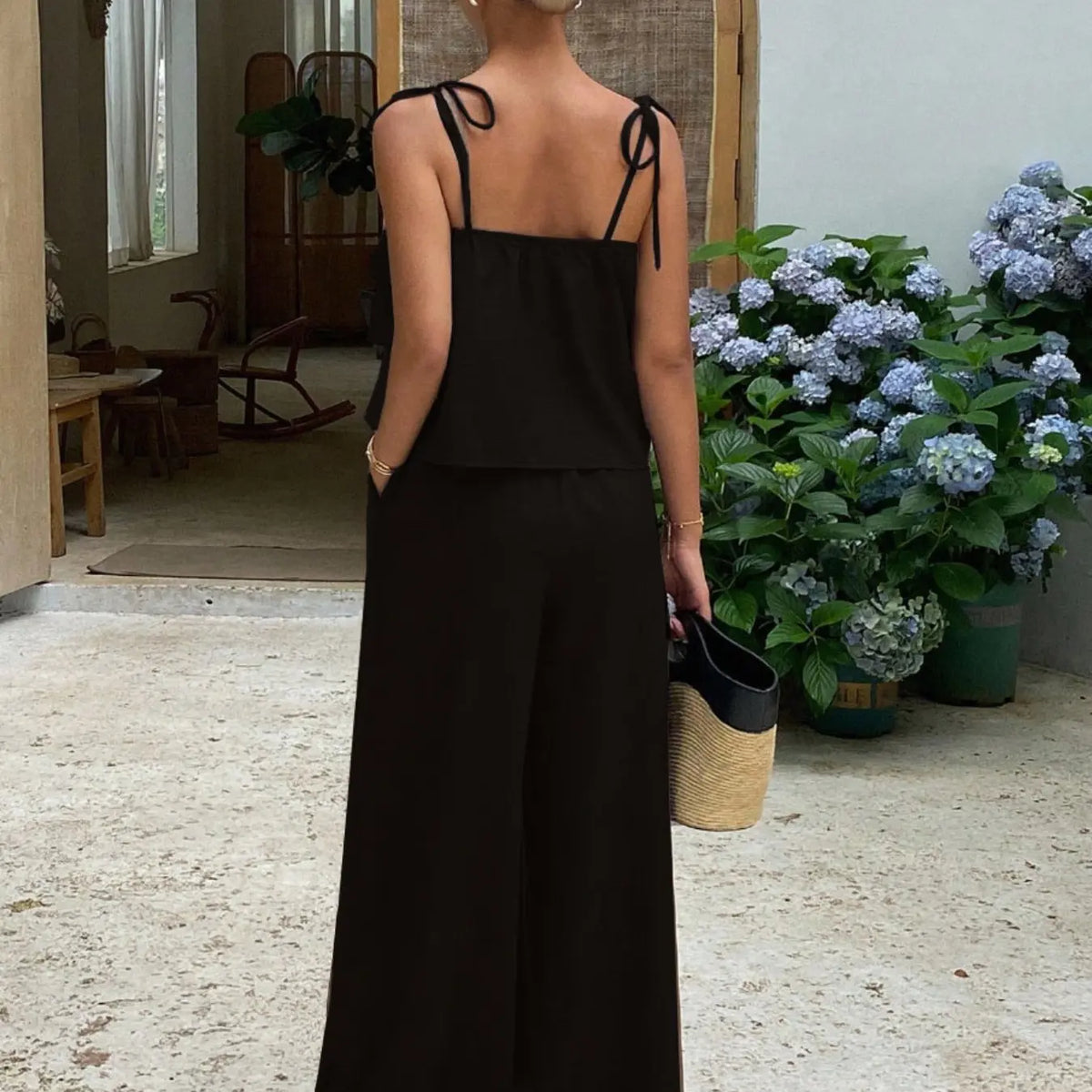 2-Piece Women's Sleeveless Ruffle Top & High Waist Casual Pants Set, High Waisted Sets, Coordinate, Clothes, Comfortable and Trendy Outfits, Stylish Summer Wear