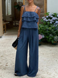 Women's Two-Piece Set, Womenswear, Sleeveless Ruffles Top & Loose Fit Oversized Long Pants, Spring Summer Casual Minimalist, High-Waisted Wide-Leg Design, Two Pieces Outfits