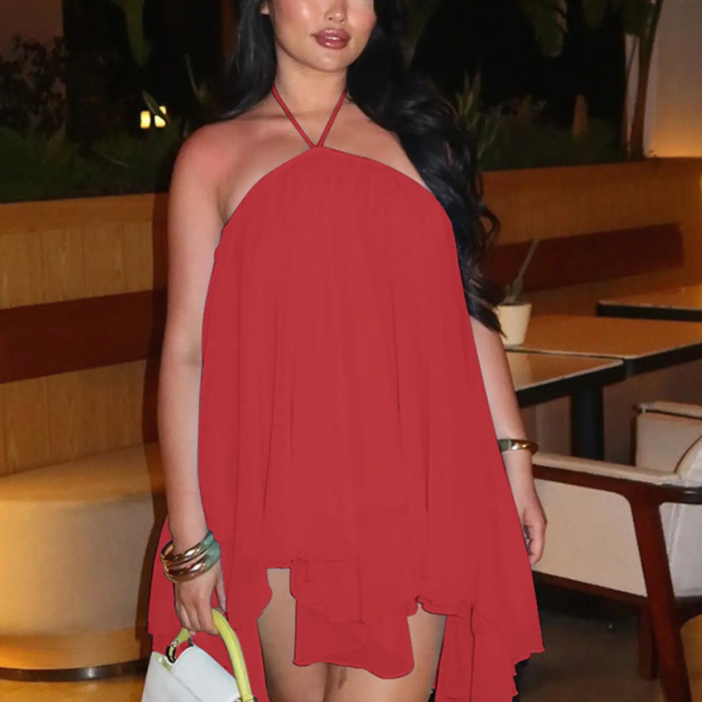Women Summer Beach Dresses Fashion Sundress Halter Sleeveless Party Club Chiffon Basic Midi Dress