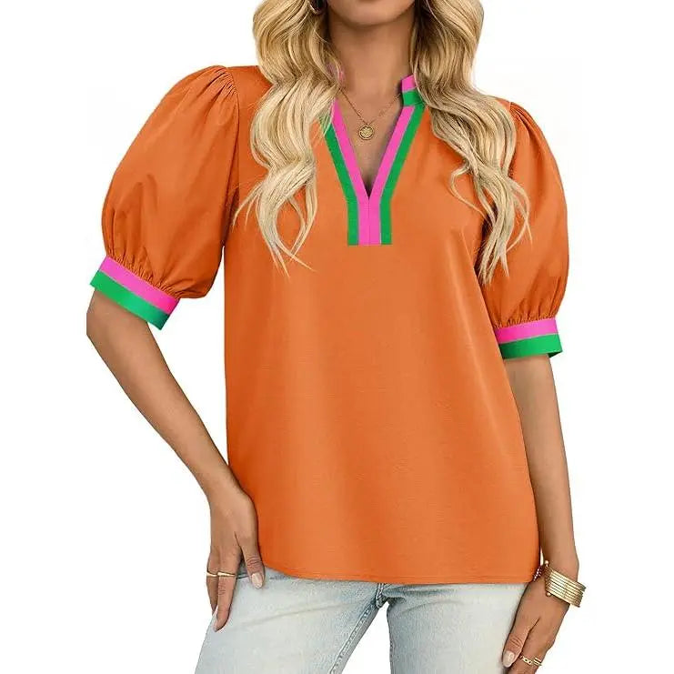 TANKANEO Women's Elegant Chic V-Neck Puff Sleeve Polyester Blouse - Dressy Tops for Coffee, Party, Summer, Loose Fit with Floral or Leopard Prints, Blouses for Women