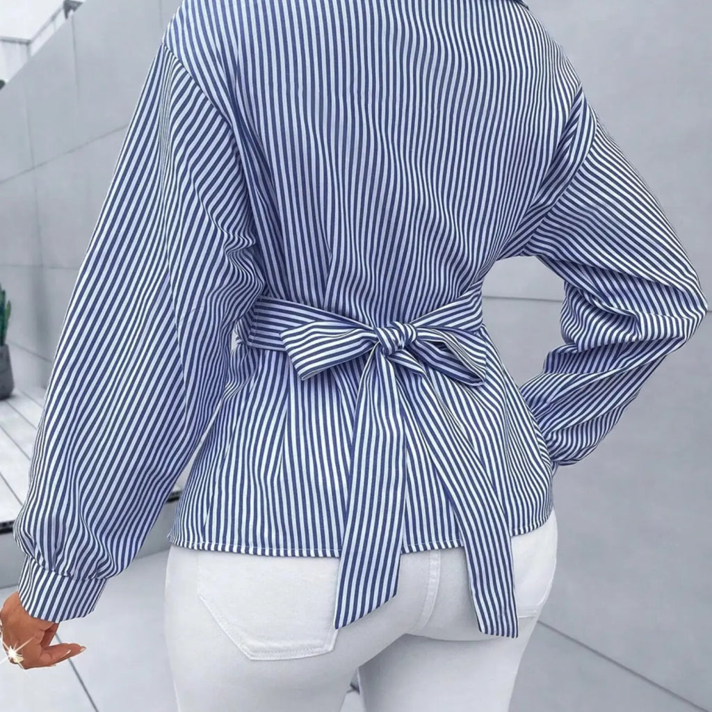 Women's Striped Print Button Front Shirt, Button Closure Shirt, Asymmetrical Shirts, Asymmetrical Hem ,Wrap Blouse,Fall Outfits,Long Sleeve,Winter Clothing,Elegant,Chic,Daily Commuting,Going Our,Casual, Top