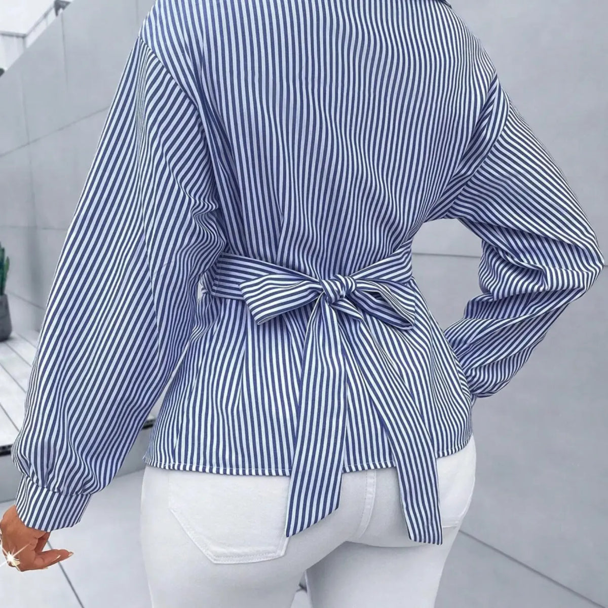 Women's Striped Print Button Front Shirt, Button Closure Shirt, Asymmetrical Shirts, Asymmetrical Hem ,Wrap Blouse,Fall Outfits,Long Sleeve,Winter Clothing,Elegant,Chic,Daily Commuting,Going Our,Casual, Top