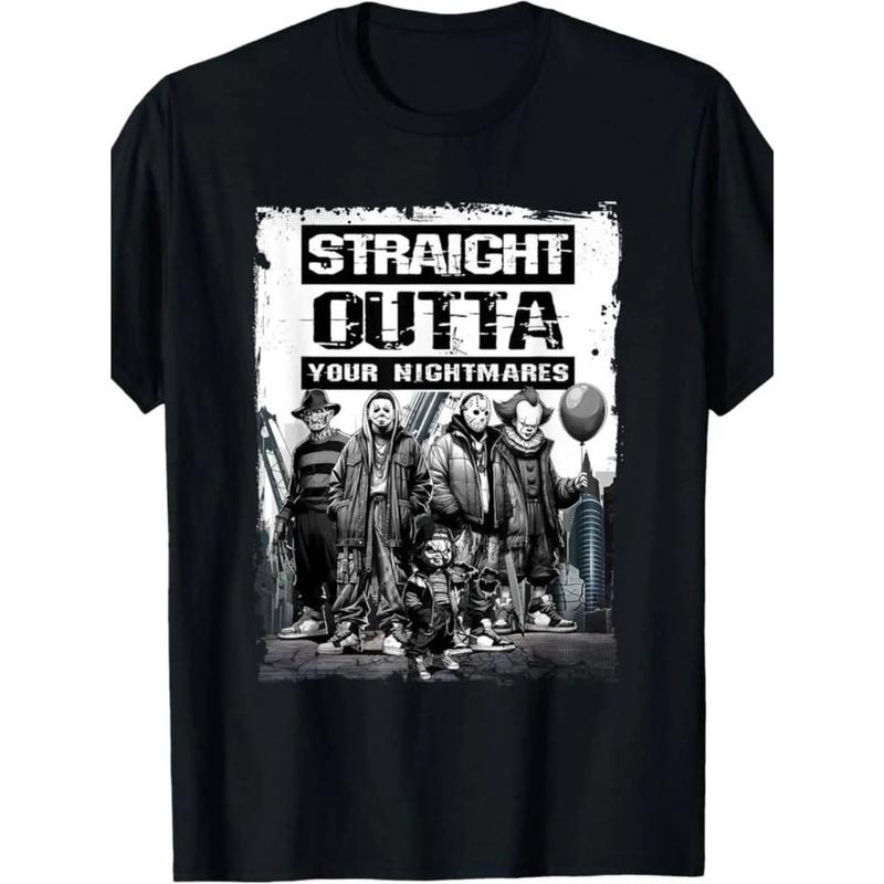 Straight Outta Nightmares" Men's Vintage Horror Halloween T-Shirt - 100% Cotton Casual Round Neck  gifts