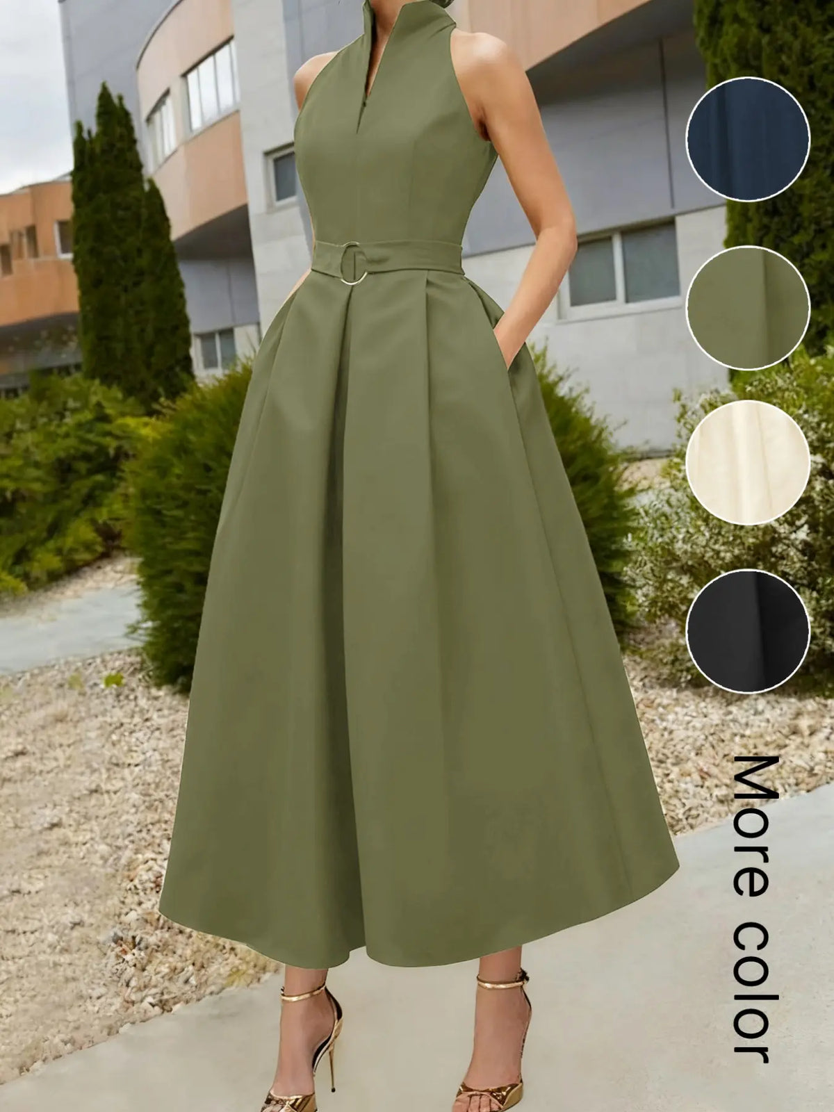 Elegant Chic Women's Party Dress Formal Wear, Solid Tie-Waist A-Line Skirt, Spring Summer New, Sleeveless V-Neck Commuter Dress for Urban Style, Elegant Minimalist Dress