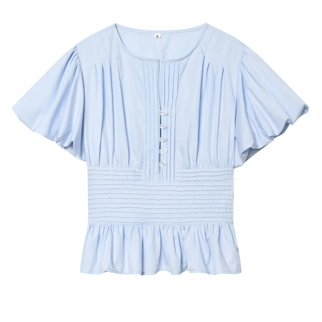 Women's Light Blue Puff Sleeve Peplum Blouse, Front Button Detail, Pleated Chest, Elastic Waist, Ruffled Hem, Soft Breathable Fabric, Coquette Aesthetic, Casual Elegant Ruffle, Slim Fit for Casual Daily Wear and Office, Casual Shirts, Button Closure Top