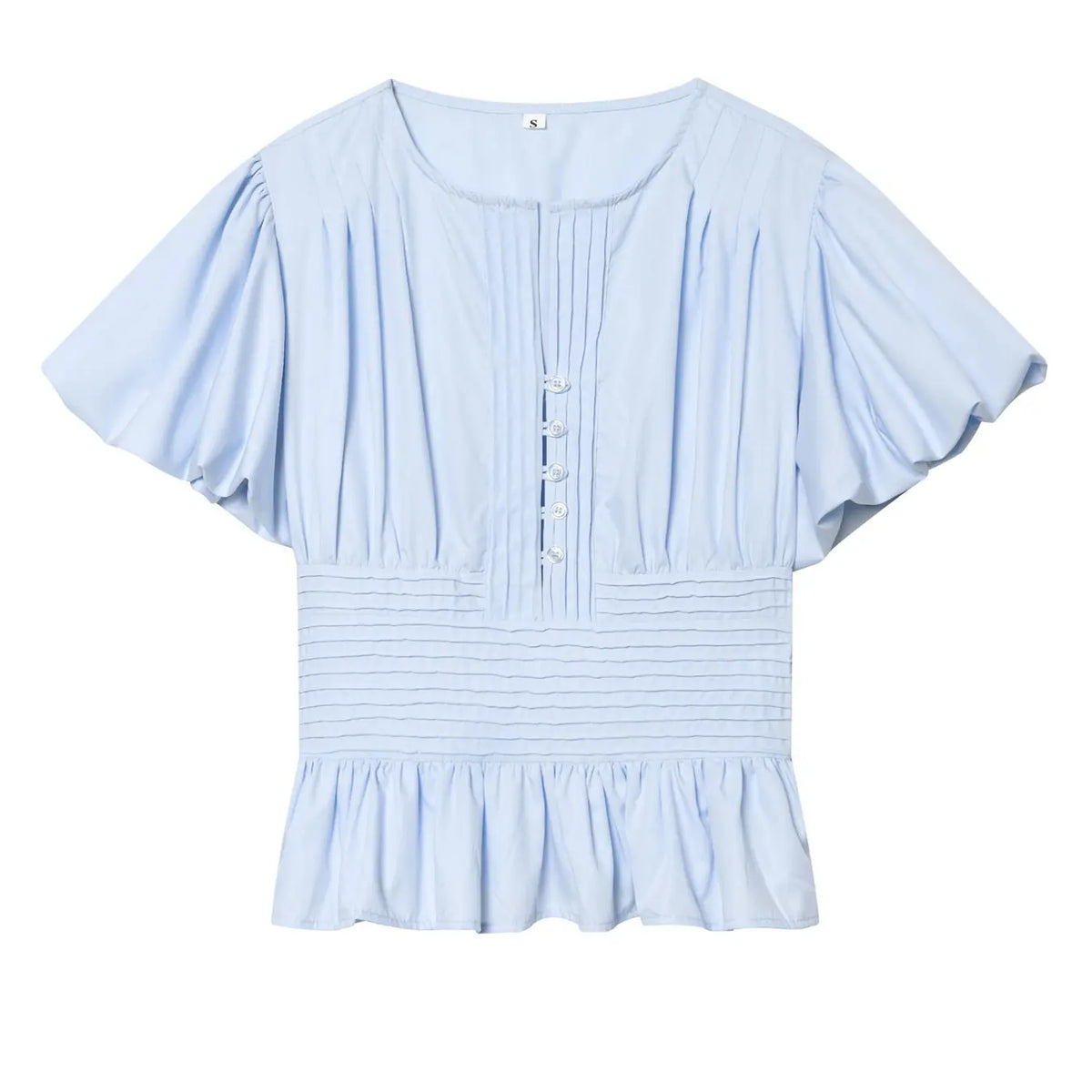 Women's Light Blue Puff Sleeve Peplum Blouse, Front Button Detail, Pleated Chest, Elastic Waist, Ruffled Hem, Soft Breathable Fabric, Coquette Aesthetic, Casual Elegant Ruffle, Slim Fit for Casual Daily Wear and Office, Casual Shirts, Button Closure Top