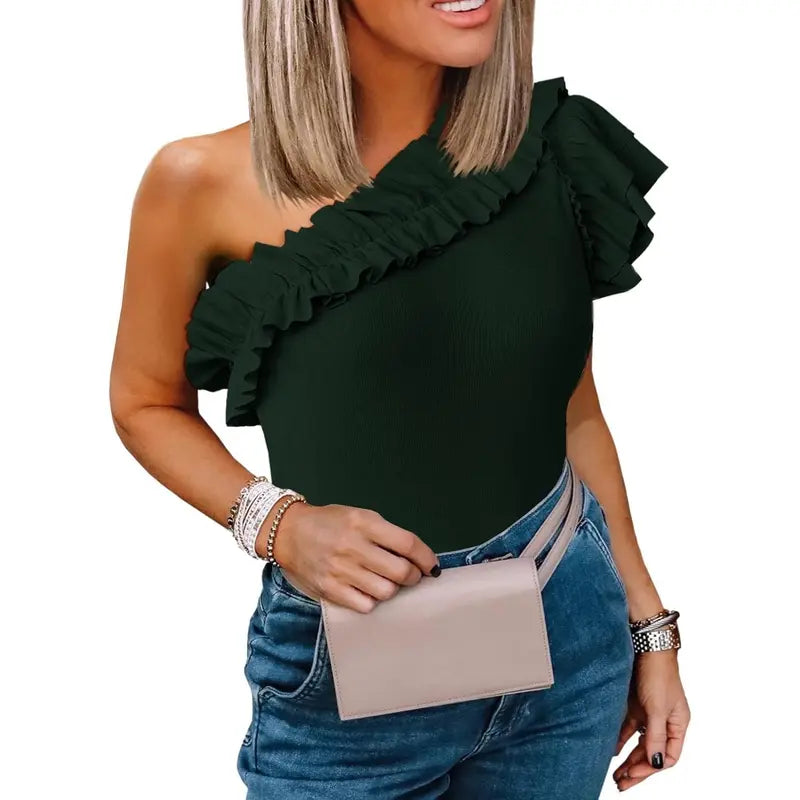 Tankaneo Womens One Shoulder Shirts Ruffle Sleeve Slim Fit Knitted Ribbed Summer Tops