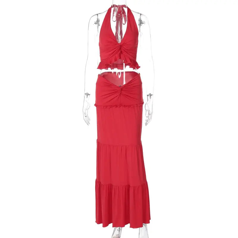 Backless Crop Top & Ruched Skirt Two Pieces Set Women's 2026 Summer & Fall New Clothes Sleeveless Halter Neck Top & Skirt Ladies Holiday Vacation Beach Lightweight Outfits Solid Color Skirt Suit