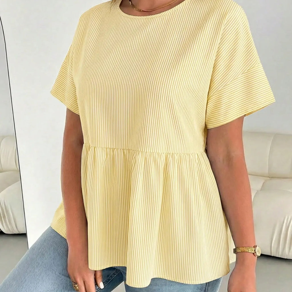 Plus Size Oversize Solid Striped Ruffle Top, Loose Fit Women's Round Neck Short Sleeve Shirt Blouse, Perfect for Daily Wear, Fashionable, Casual, Aesthetic and Versatile, Ruffled Everyday, Bohemian Casual Top, Boho Bohemian Blouse, Summer Vibes Tops