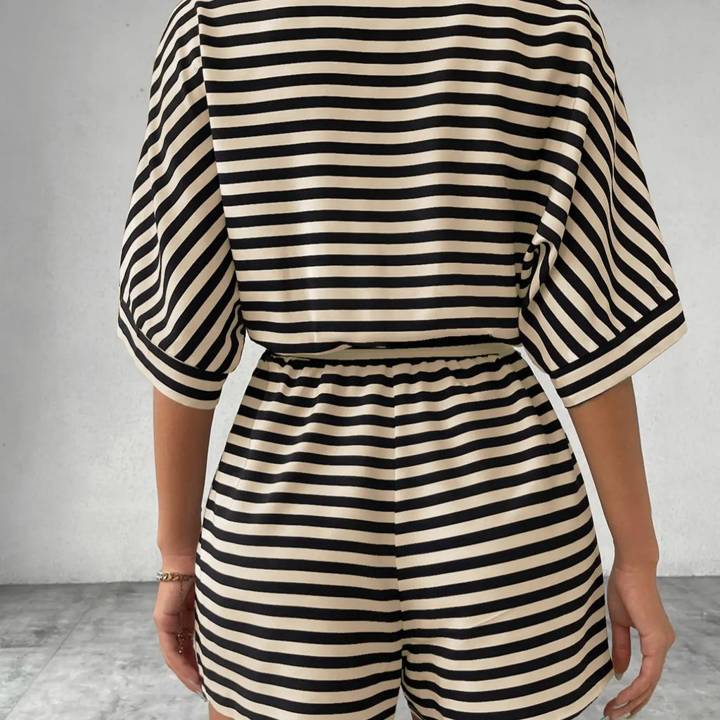 Women's Striped Soft and Breathable Casual Loose-Fit Belted Romper for Summer, Beach and Daily Wear, Womenswear