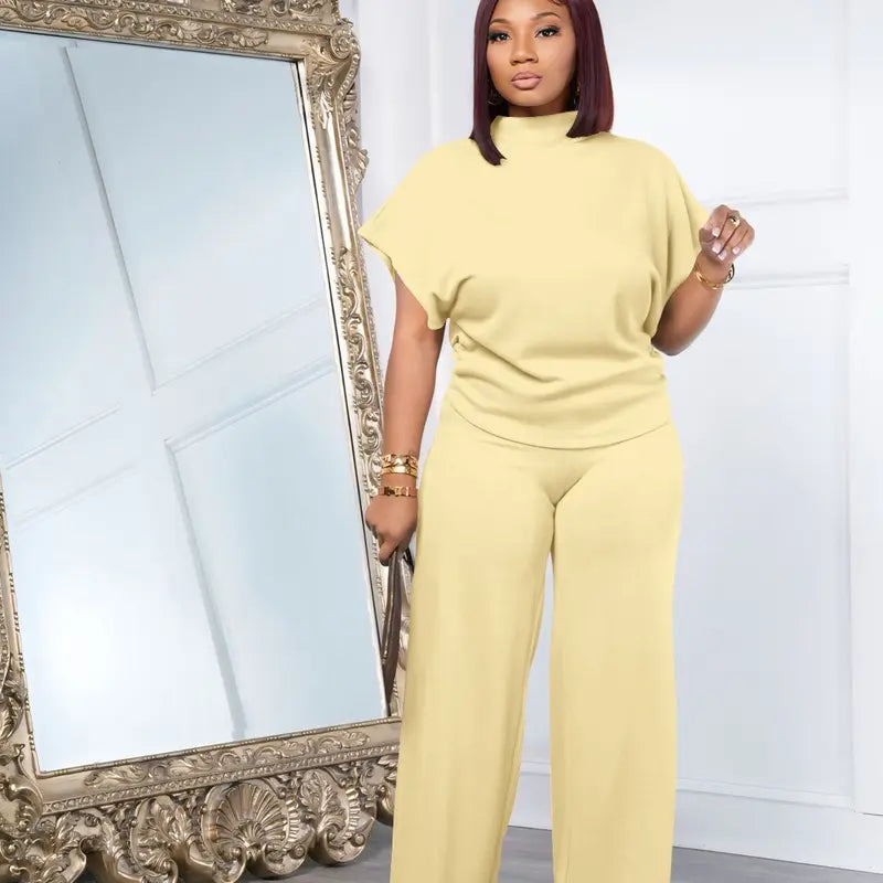 USBoutique Chic Women Summer Lightweight And Silky Soft Set Two Piece Casual Set Short Sleeved Semi High Neck Loose Top Wide Leg Pants Set