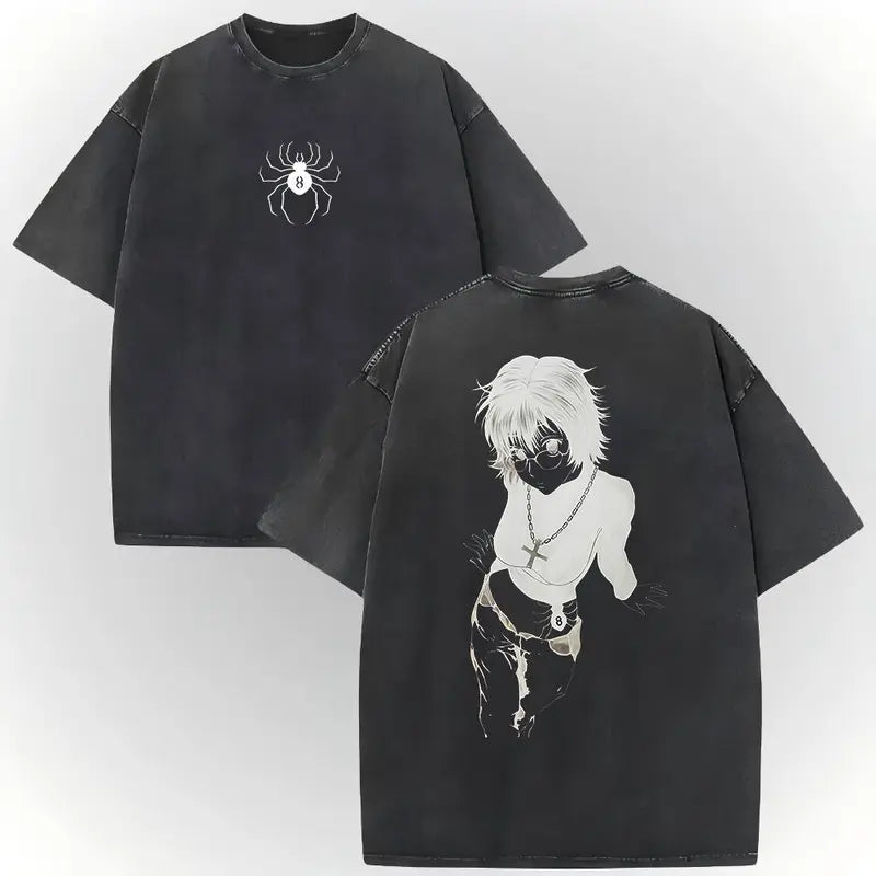 Men's Hunter X Hunter Shizuku Graphic T-Shirt - 100% Heavyweight Cotton, Vintage Washed, Ribbed Elastic Knit, Short-Sleeve, Loose Baggy Fit, Casual Anime Merchandise, Round Neck Graphic Shirt, Size L
