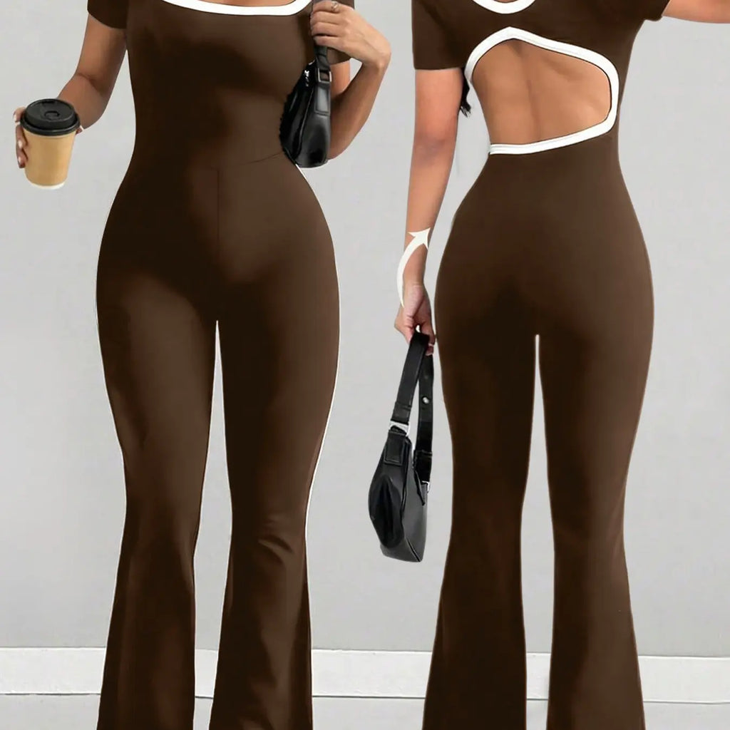 Casual Slim Fit Jumpsuit, Women's Colorblock Backless Flared Hem Design, Comfortable and Stylish One-Piece Clothing for Daily Wear, Backless Fitted Jumpsuit