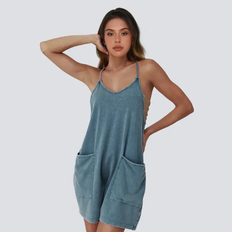 AUTOMET Women's Minimalist Acid Wash Cotton Blend Jumpsuit, Casual Comfy Spaghetti Strap Summer Romper with Pockets, Fashion Apparel, Clothes Products, Women's Clothes, Minimalist Vibe, One-Piece Romper Ease