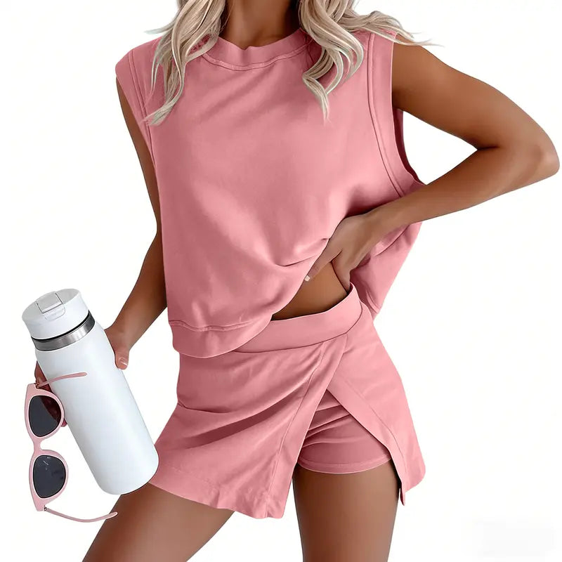 Mundoven Womens Y2K 2 Piece Washed Cotton Outfits Tank Top Skort Set Casual Summer Tracksuit with Side Slit & Built-in Shorts Breathable Womenswear