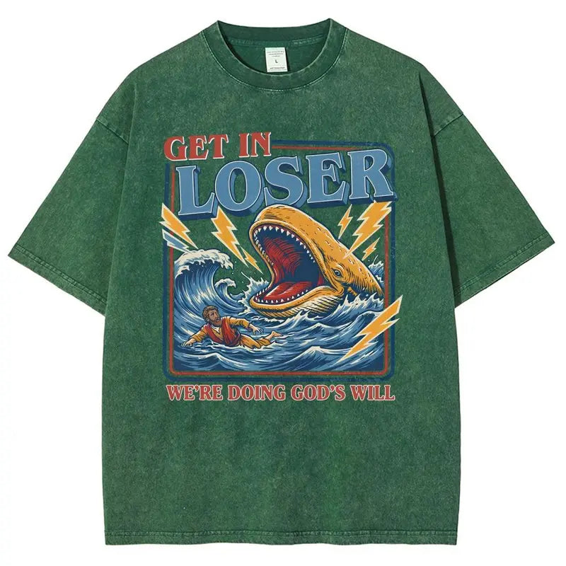 Men's Unisex Cotton Round Neck Oversized Washed T-Shirt - Jesus Christian Streetwear, Jonah and the Whale Graphic, "Get In Loser We're Doing God's Will" Verse, Faith Humor Fabric Style Religious Gift
