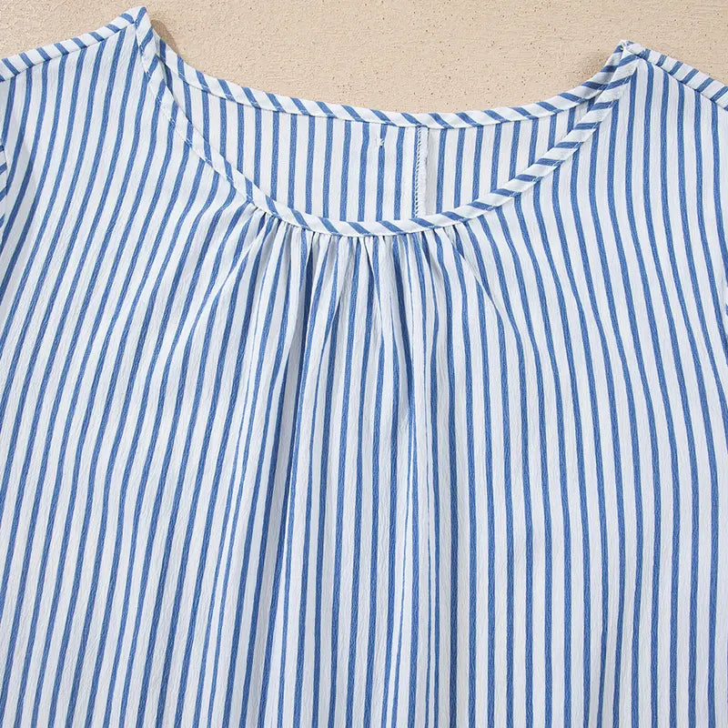 Shewin Women's Striped Pullover Blouse - Lady's Scoop Neck Top with 3/4 Tie Flare Sleeves, Back Buttons, Long Sleeve Option, for Daily OOTD Ideas | Women's Tops and Blouses, Shirts