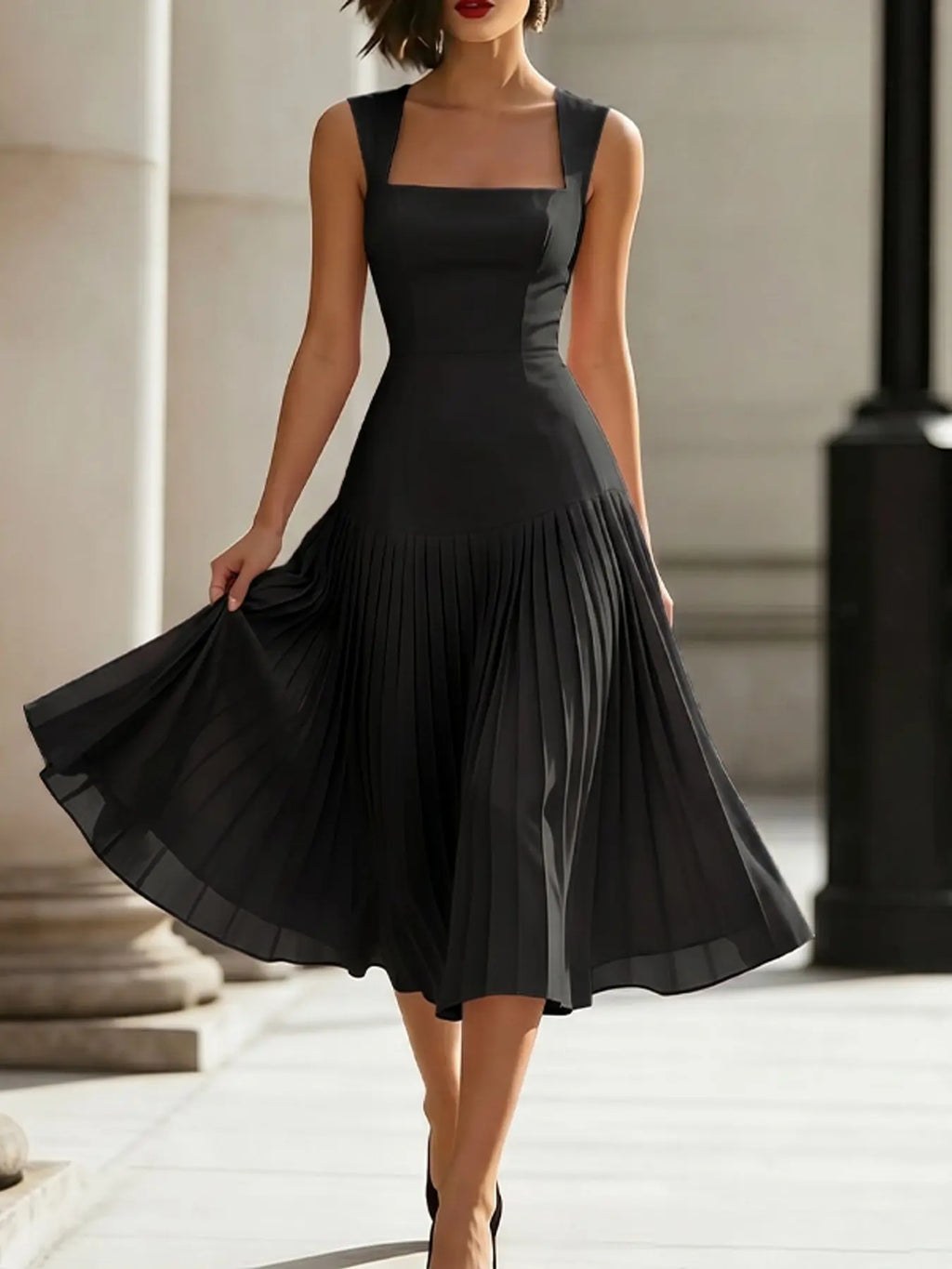 ZANZEA Women's Square Neck Waist Cinch Dress, suspenders A-Line Pleated Solid Design, European and American Elegant Style, Fashionable Evening Wear, Formal Wear, formal party wear, Elegance
