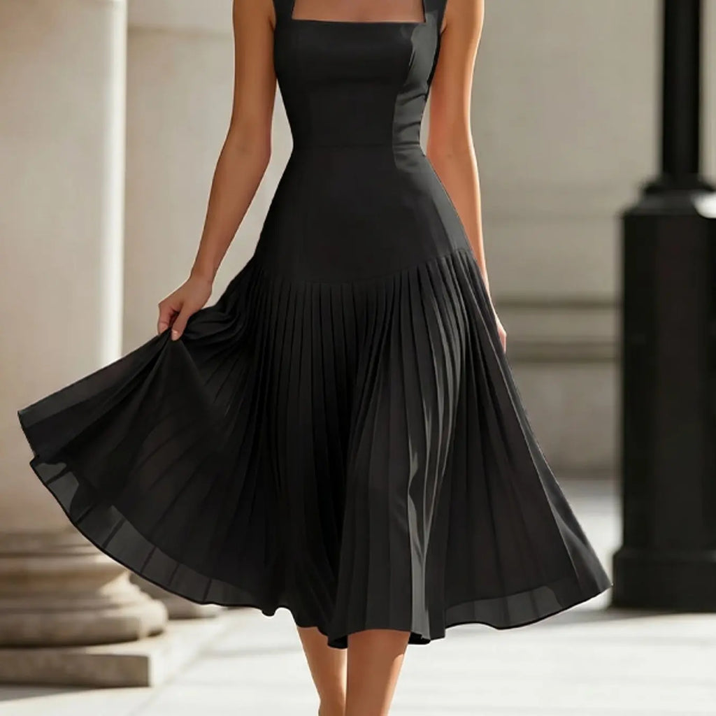 ZANZEA Women's Square Neck Waist Cinch Dress, suspenders A-Line Pleated Solid Design, European and American Elegant Style, Fashionable Evening Wear, Formal Wear, formal party wear, Elegance