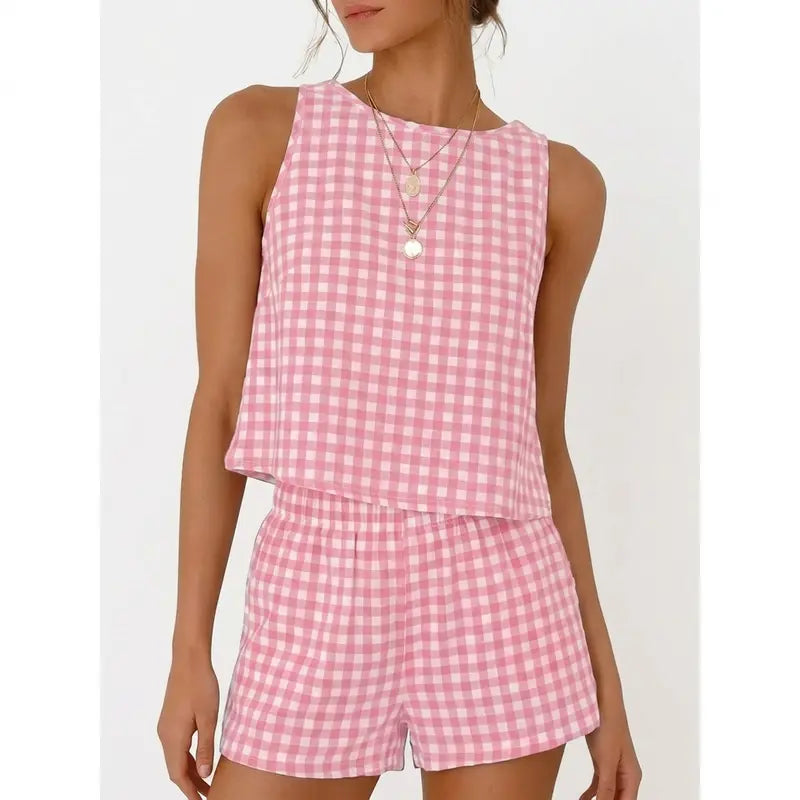 IDEALSANXUN Women's Cute 2-Piece Casual Knit Set - Ribbed Knit Gingham Tank Top with Button Accent, Matching Checkered Shorts, Cropped, Soft Lightweight Cotton, Elastic Waist, Summer Beach Outfit, Two Piece Sets