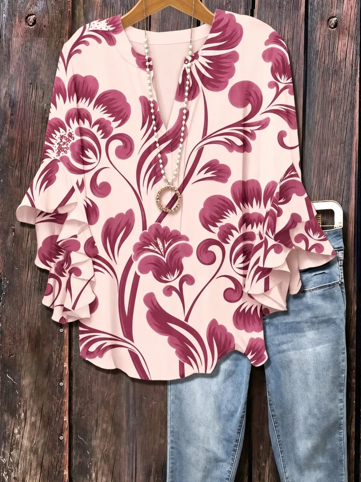 Plus Size Floral Print Flounce Sleeve Ruffles Blouse, Casual Loose-Fit Notched-Neck Top, Summer Wear, Trendy Bohemian Shirts, Comfortable Relaxed-Fit Blouse, Stylish Elegant Top for Parties, Boho Fashion Top