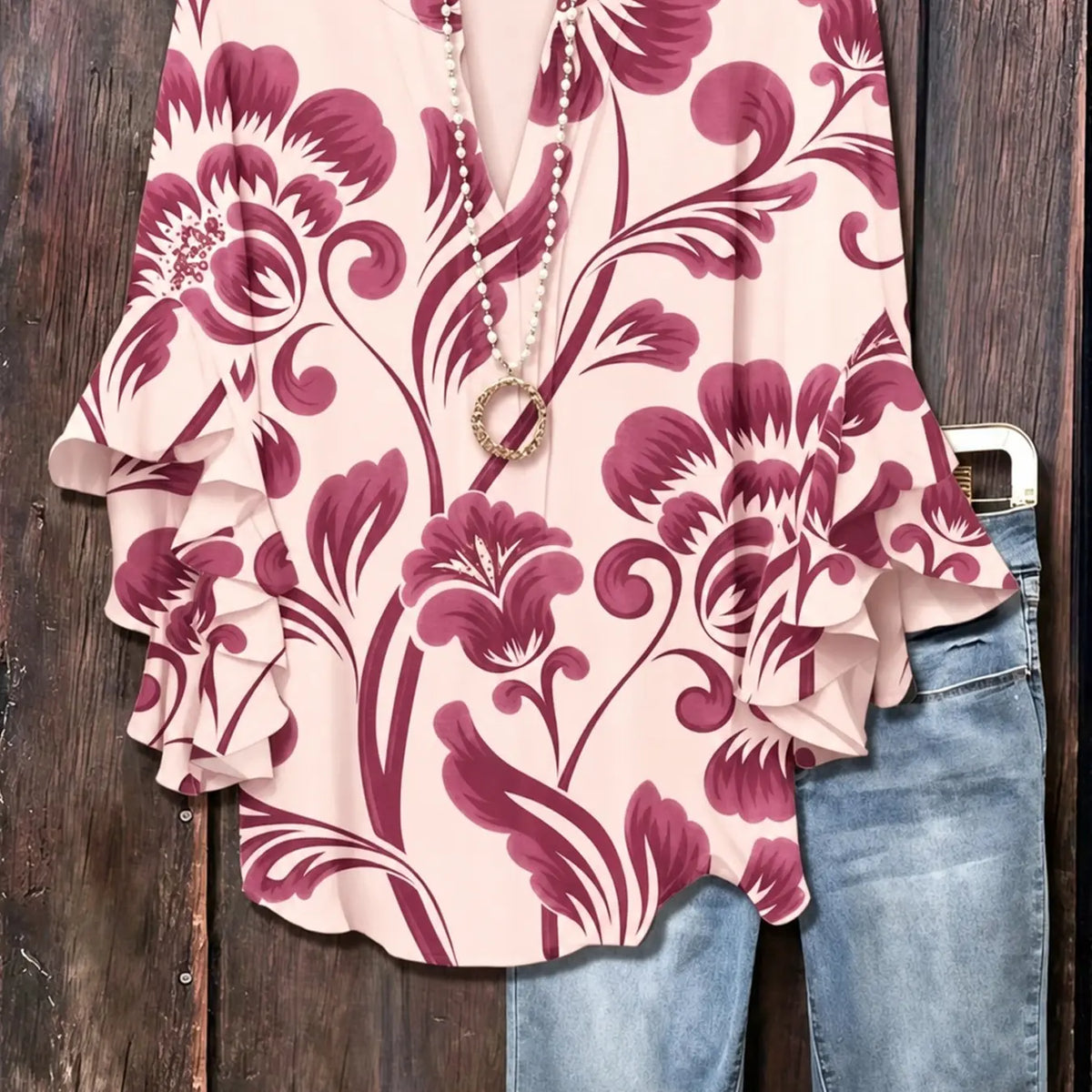 Plus Size Floral Print Flounce Sleeve Ruffles Blouse, Casual Loose-Fit Notched-Neck Top, Summer Wear, Trendy Bohemian Shirts, Comfortable Relaxed-Fit Blouse, Stylish Elegant Top for Parties, Boho Fashion Top