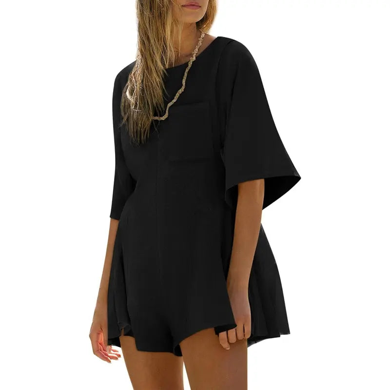 Imily Bela Rompers for Women Spring Outfits Summer Casual Short Sleeve Crew Neck Loose Jumpsuits with Pocket