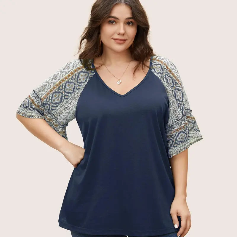 BloomChic Boho Print Patchwork Raglan Sleeve T-shirt 【M-6XL】