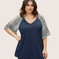 BloomChic Boho Print Patchwork Raglan Sleeve T-shirt 【M-6XL】