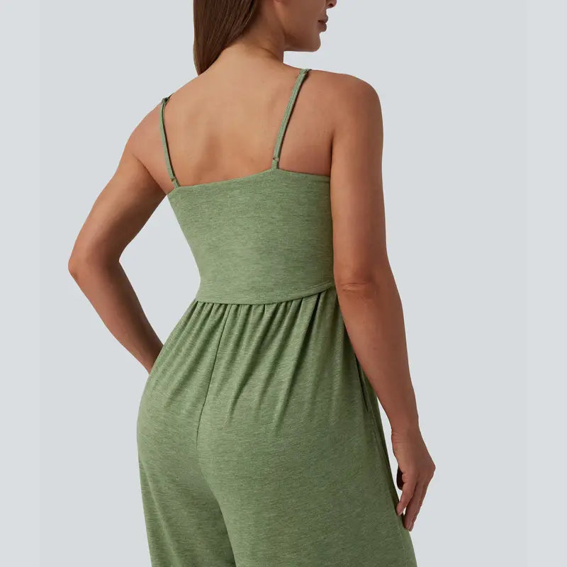 Halara Adjustable Straps Ruched Wide Leg Heathered Casual Jumpsuit with Pockets-Easy Peezy