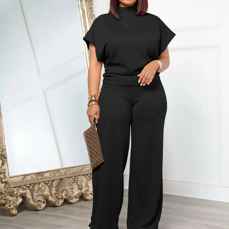 USBoutique Chic Women Summer Lightweight And Silky Soft Set Two Piece Casual Set Short Sleeved Semi High Neck Loose Top Wide Leg Pants Set