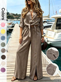 Women's Two-Piece Vacation Style Shirt and Pants Set, Knot Top with Button Decoration, Wide-Leg Pants, Casual Womenswear Clothes