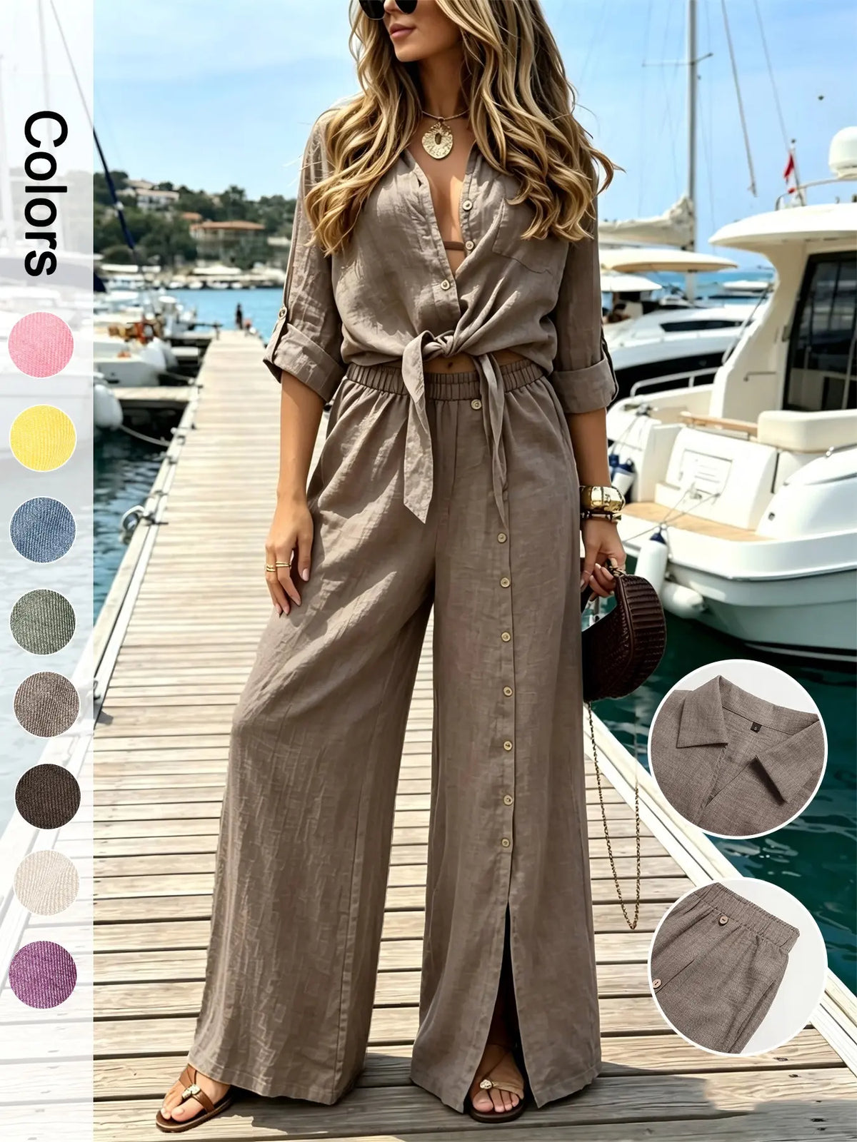 Women's Two-Piece Vacation Style Shirt and Pants Set, Knot Top with Button Decoration, Wide-Leg Pants, Casual Womenswear Clothes
