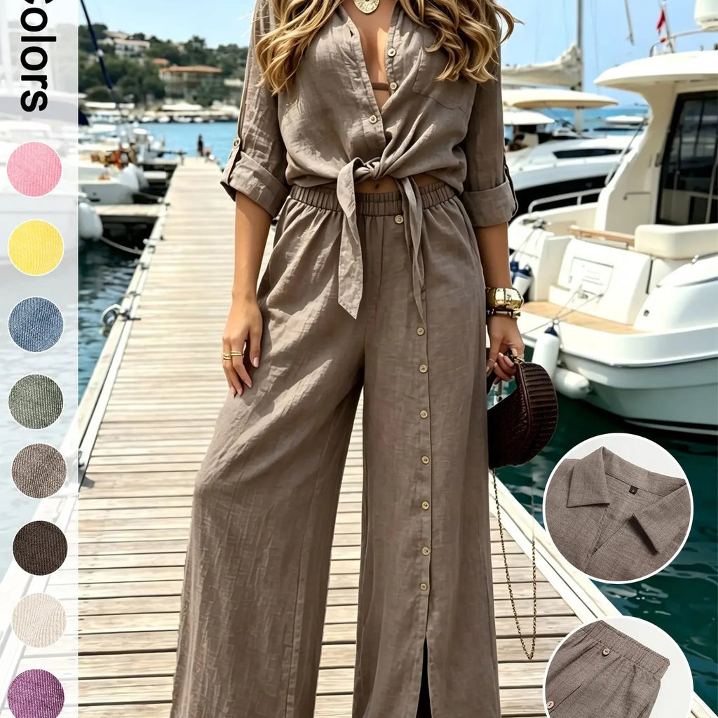 Women's Two-Piece Vacation Style Shirt and Pants Set, Knot Top with Button Decoration, Wide-Leg Pants, Casual Womenswear Clothes