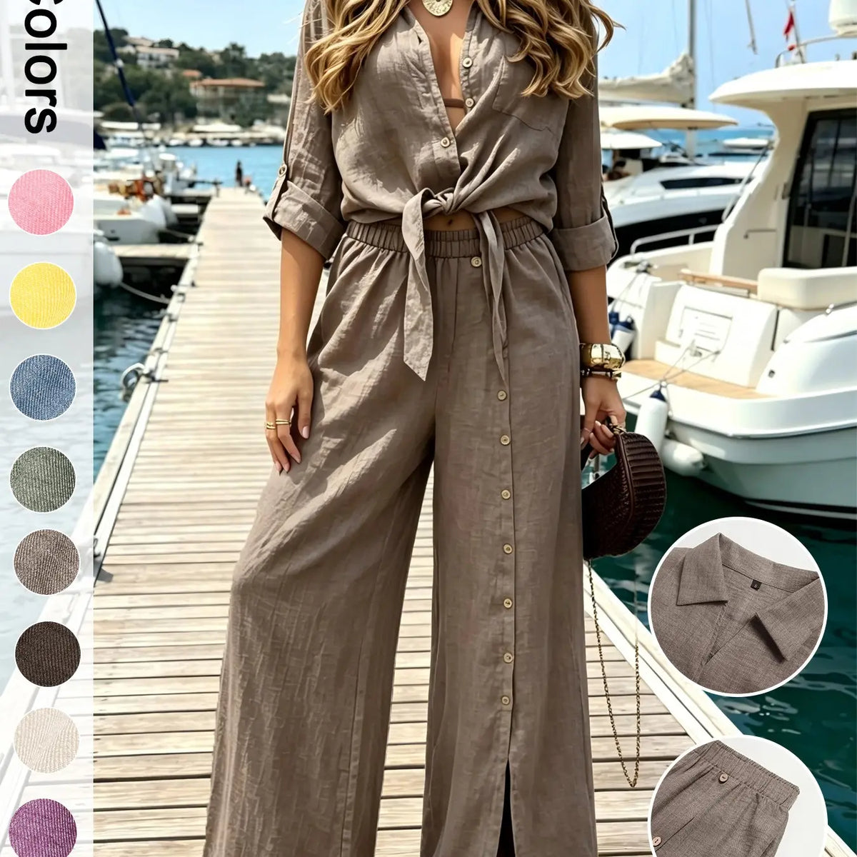Women's Two-Piece Vacation Style Shirt and Pants Set, Knot Top with Button Decoration, Wide-Leg Pants, Casual Womenswear Clothes