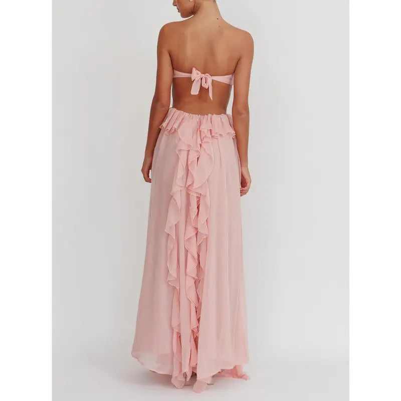 Women's Strapless Ruffle Maxi Dress, 3D Floral Cutout Waist Chiffon Gown with High Slit, Elegant Flowy Formal Dress for Wedding & Party