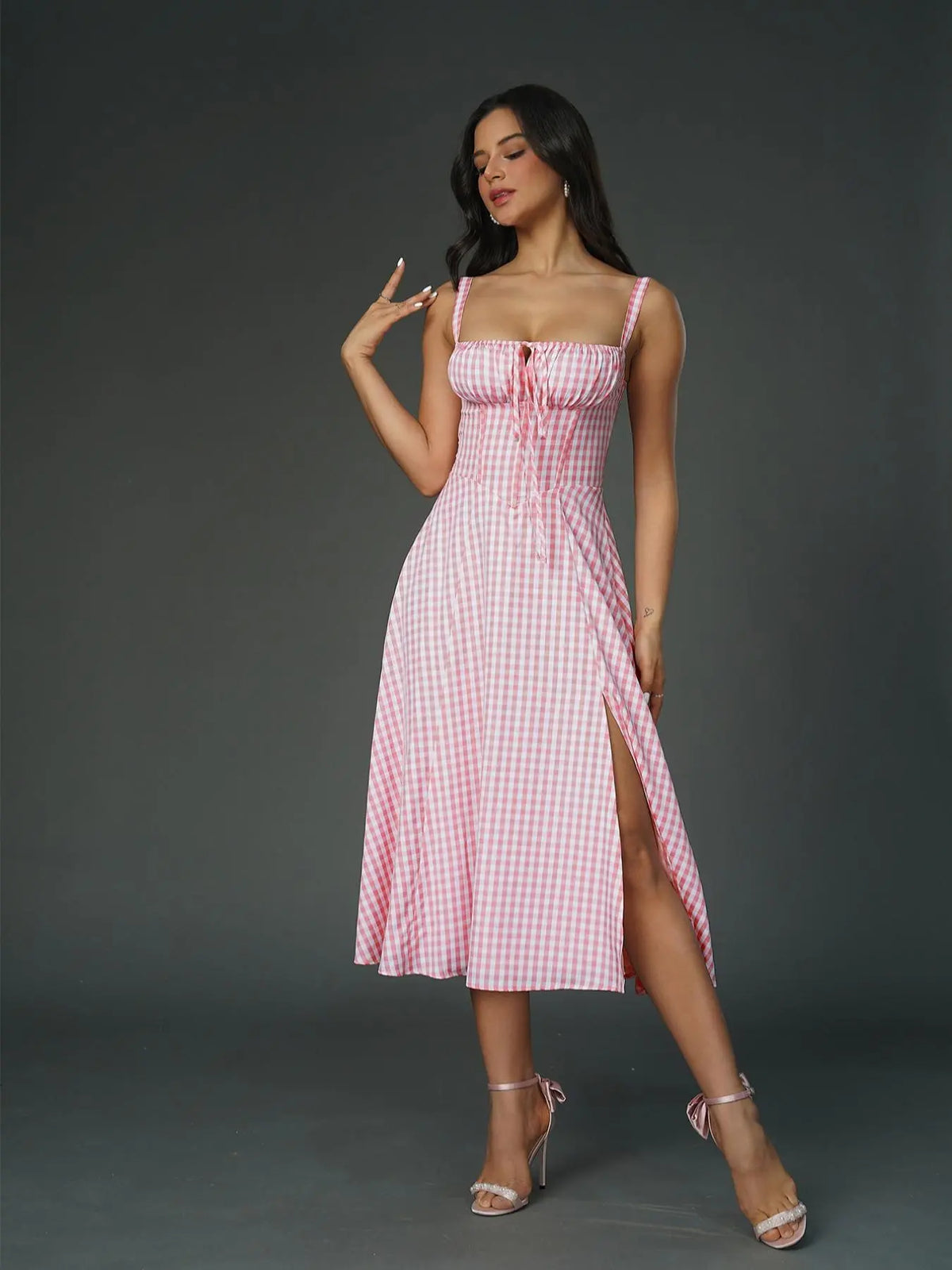 Parthea Women's Plain Ruched Boning Corset Milkmaid Dress, Lace Up Dress, Party Dress, Fit, Tie Front Dress, Aesthetic Square Neck Midi Dress, Dresses for Women, Frenchy Style Non Bodycon Dress Christmas, Formal Dresses, Adjustable Straps, Formal Wear