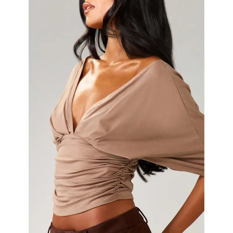 Women's Sexy Deep V-Neck Batwing Sleeve Crop Top Ruched Cinched Waist Short Blouse Fashion Y2K Casual Spring Summer Going Out Clubwear Dolman Shirts Elegant Pleated Slim Fit Tops for Women Trendy Streetwear Party Holiday Wardrobe Essential