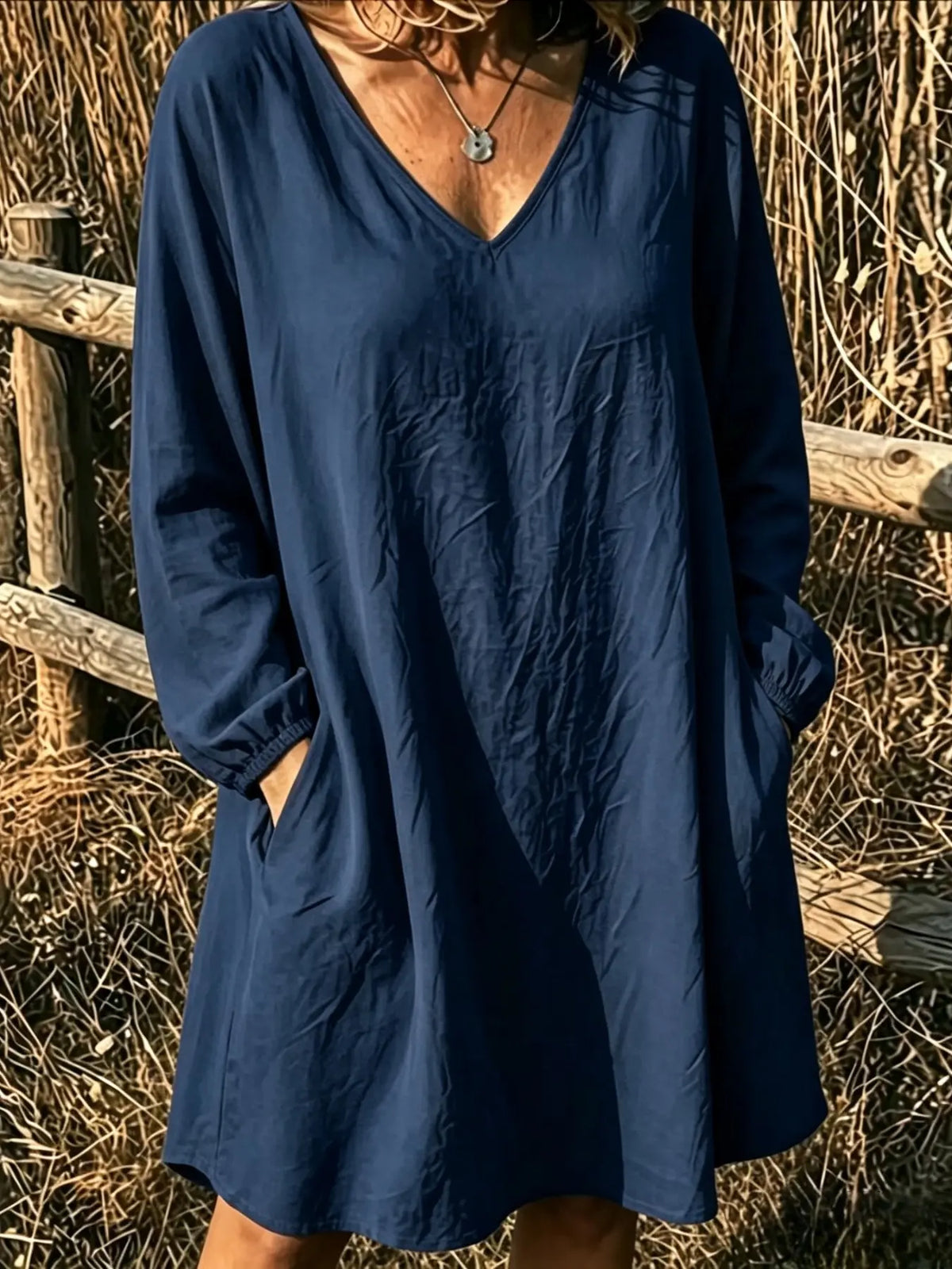 Elegant V-Neck Top, Loose Long Sleeve with Large Pockets, Breathable Linen Texture, Casual Summer Shirt for Women, Comfortable and Stylish