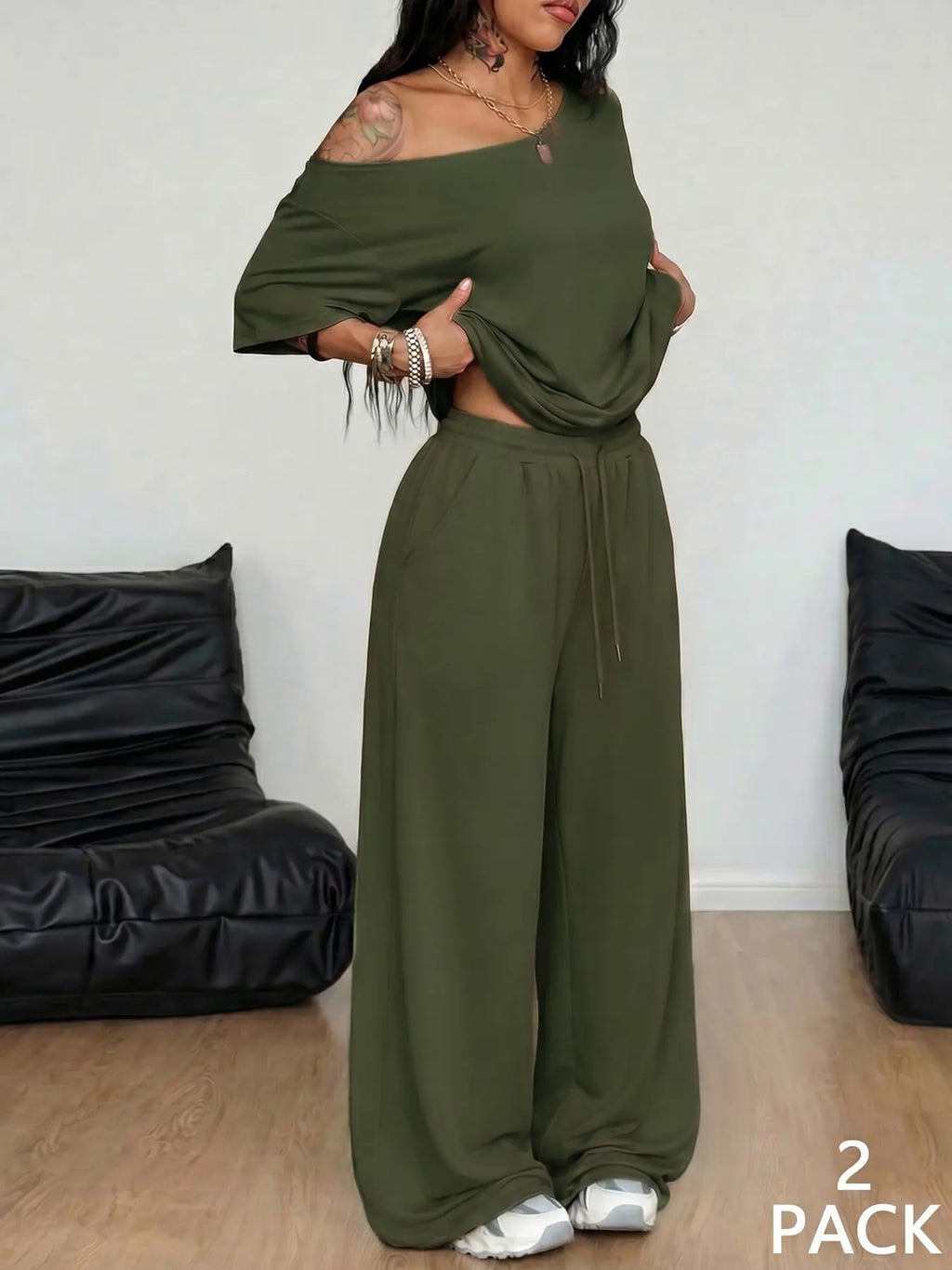 2pcs/Set Women's Minimalist Basic Daily Wear Going Out Sport Comfortable Off Shoulder T-Shirt And Wide Leg Pants Two Pieces Outfits Clothes