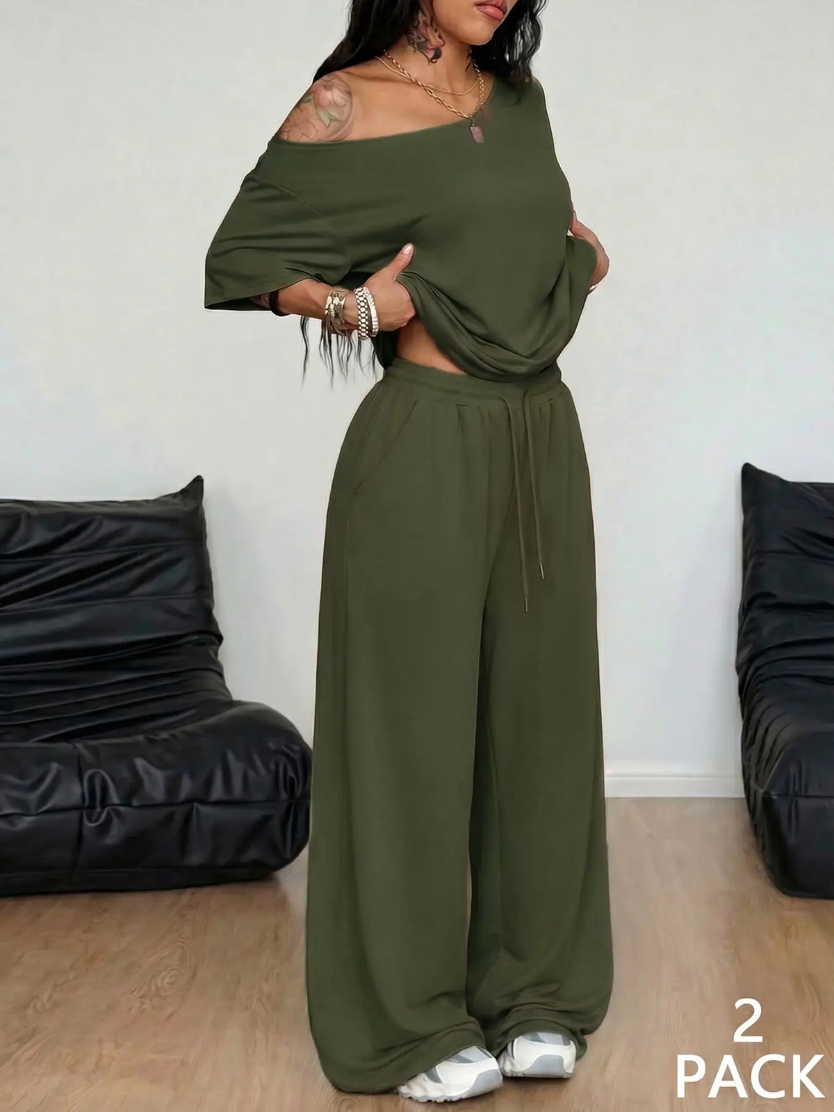 2pcs/Set Women's Minimalist Basic Daily Wear Going Out Sport Comfortable Off Shoulder T-Shirt And Wide Leg Pants Two Pieces Outfits Clothes