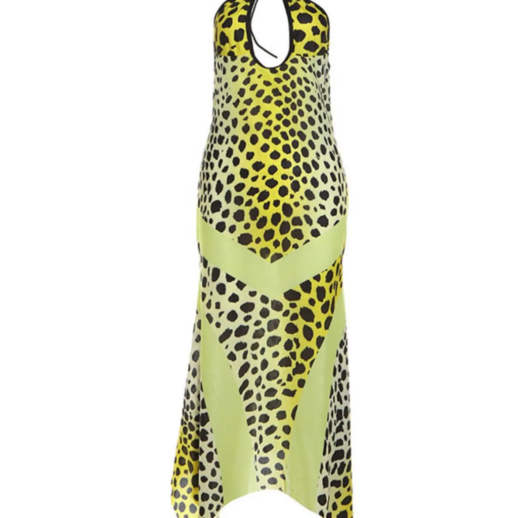 Women's Leopard Print Criss Cross Cut Out Halter Neck Dress, Casual Trendy Boho Asymmetrical Hem Sleeveless A Line Long Dress for Summer, Beach Holiday, Casual Fashionable Dress