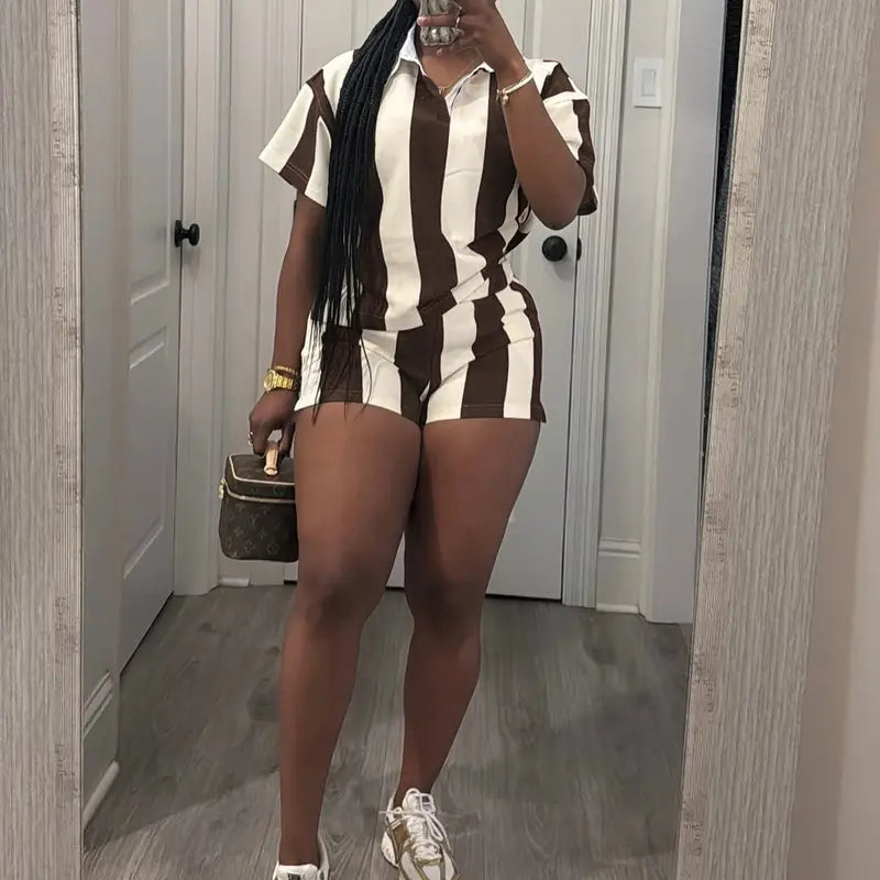 USBOUTIQUE CHIC Women's 2026 Spring Two Piece Set Striped Short Sleeve Top & Drawstring Shorts Casual Outfit for Comfort