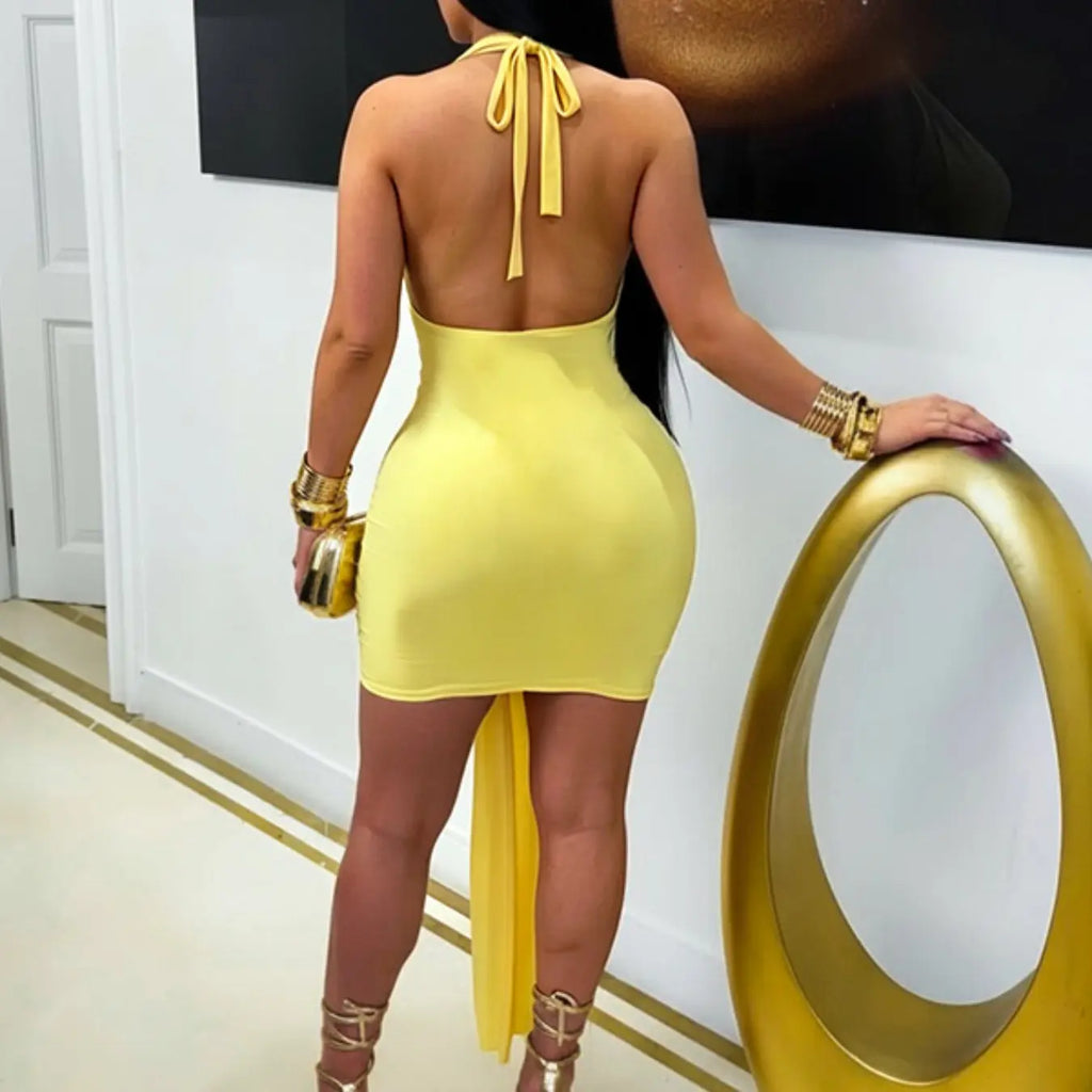 Women's Deep Plunge Halter Bodycon Dress with Metal Ring, Sexy Party Dress for Nightclubs, Music Festivals, and Cocktail Parties, Fit