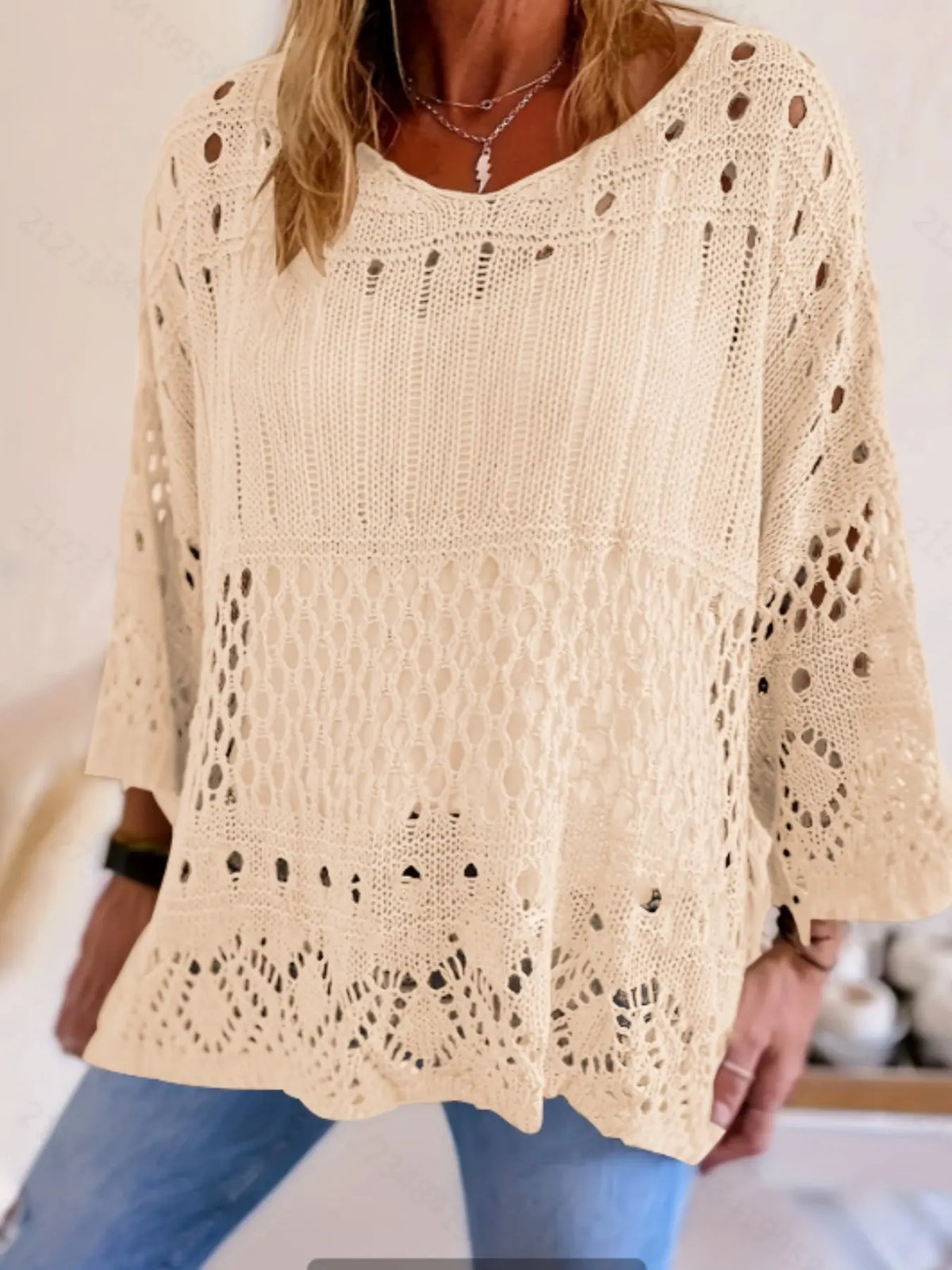 Plus Size Women's Summer Hollow Out Round Neck Knit Top, Oversized, Casual Elegant Vacation Style, Loose Oversize Batwing Shoulder, Spring Summer Wear, Sweater Knitwear